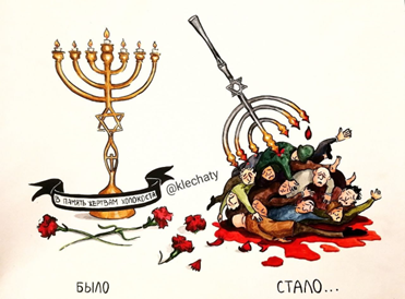 A caricature from a pro-Russian Telegram channel with antisemitic images: “Genocide of any people is a holocaust.”
