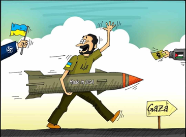 A caricature portraying a false Russian claim that NATO’s security assistance to Ukraine reaches Hamas in Gaza. Published by fake Facebook accounts.